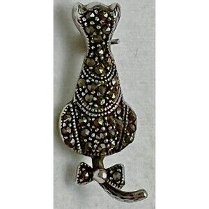 925 Sterling Silver Marcasite Cat Pin Petite Brooch Tail With Bow Stamped